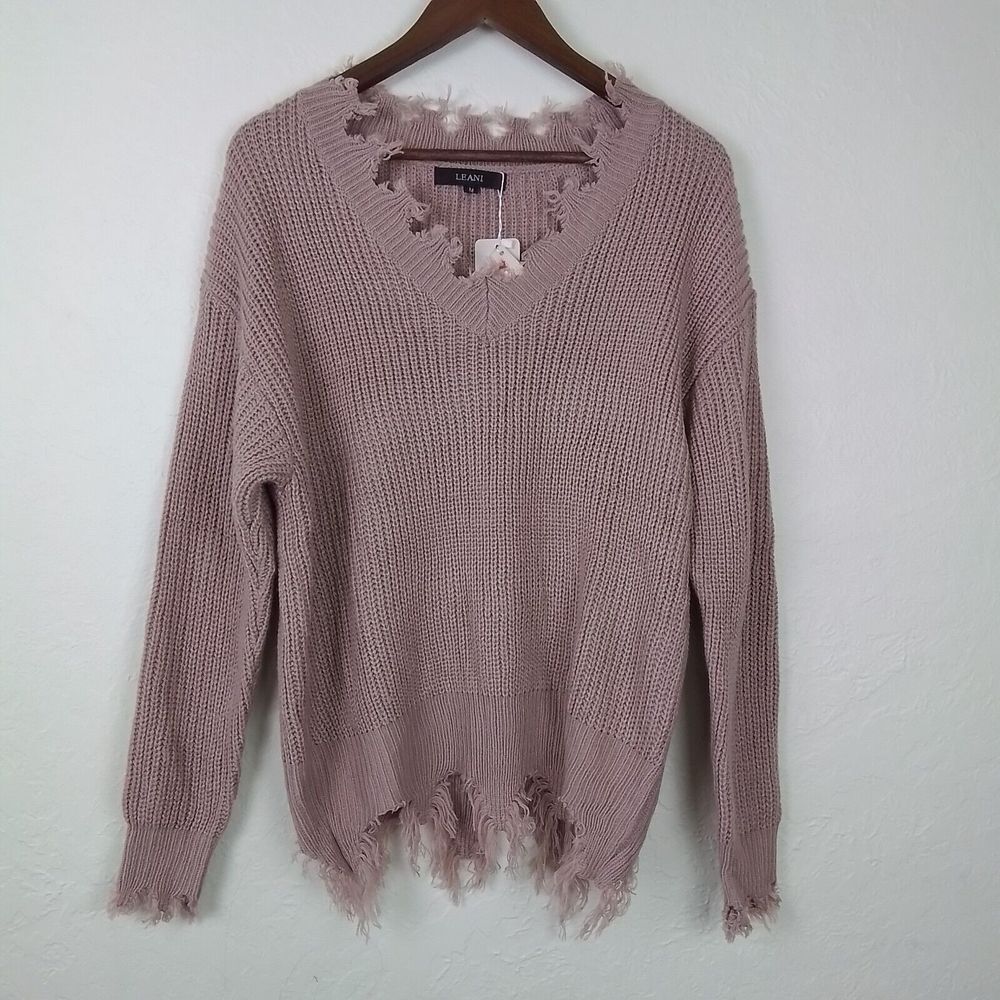Leani Womens Chunky Sweater Sz M Dusty Pink Oversized V Neck Distressed Fringe‎